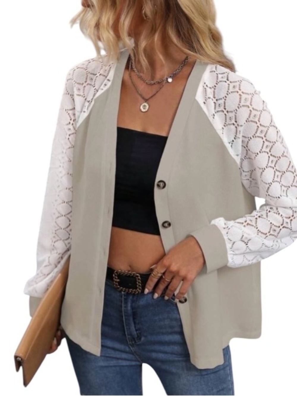SHEIN LUNE Contrast Pointelle Raglan Sleeve Button Front Blouse size M